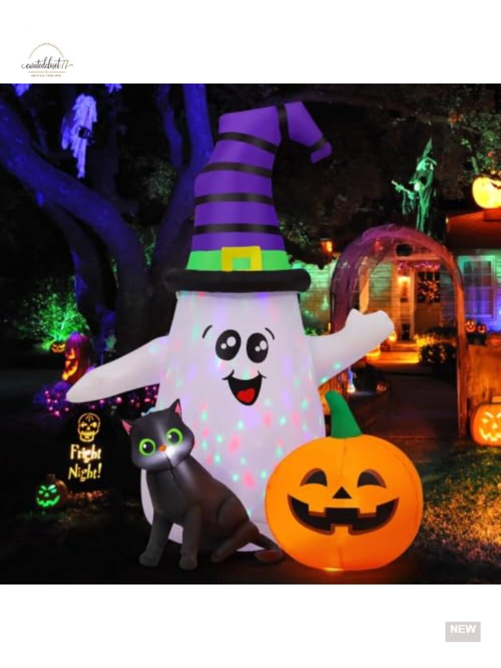 5FT Inflatable Halloween Ghost with Pumpkin and Black Cat Yard Decoration with